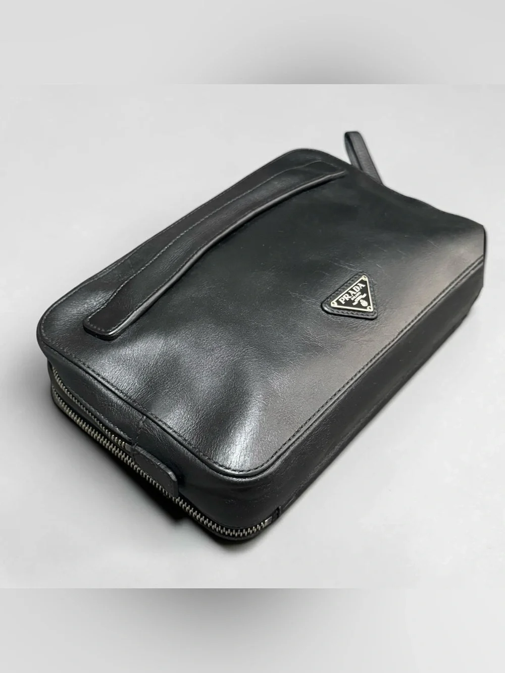 Prada Black Leather Wrist Strap Clutch Double zip Travel Organizer
